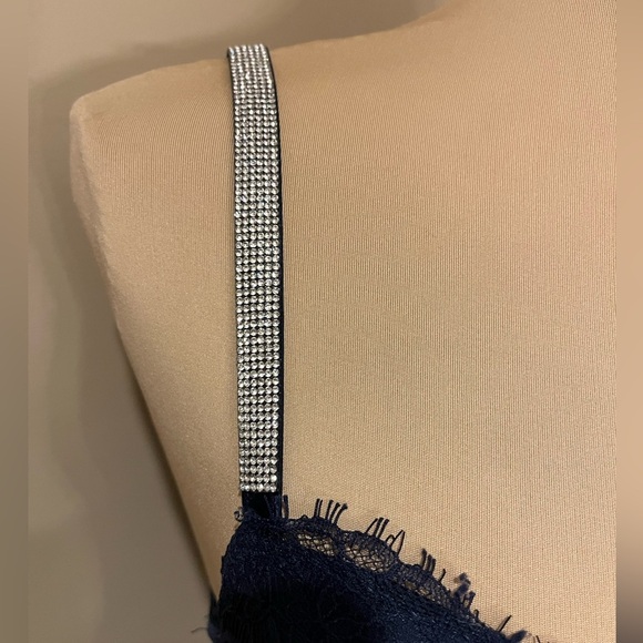 Victoria's Secret Navy Lace & Velvet Shine Rhinestone Strap Corset Bra, 32C - Picture 2 of 8